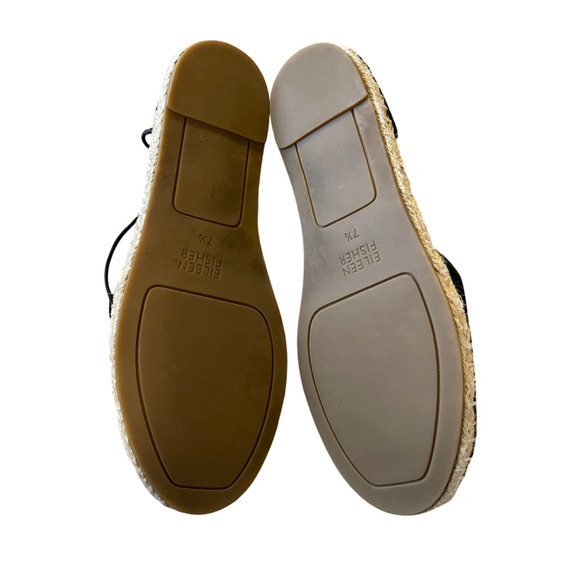 Eileen Fisher 7.5  LUXURY Leather Espadrille Sandals Rear Zipper Flat Black Tan - Picture 6 of 7